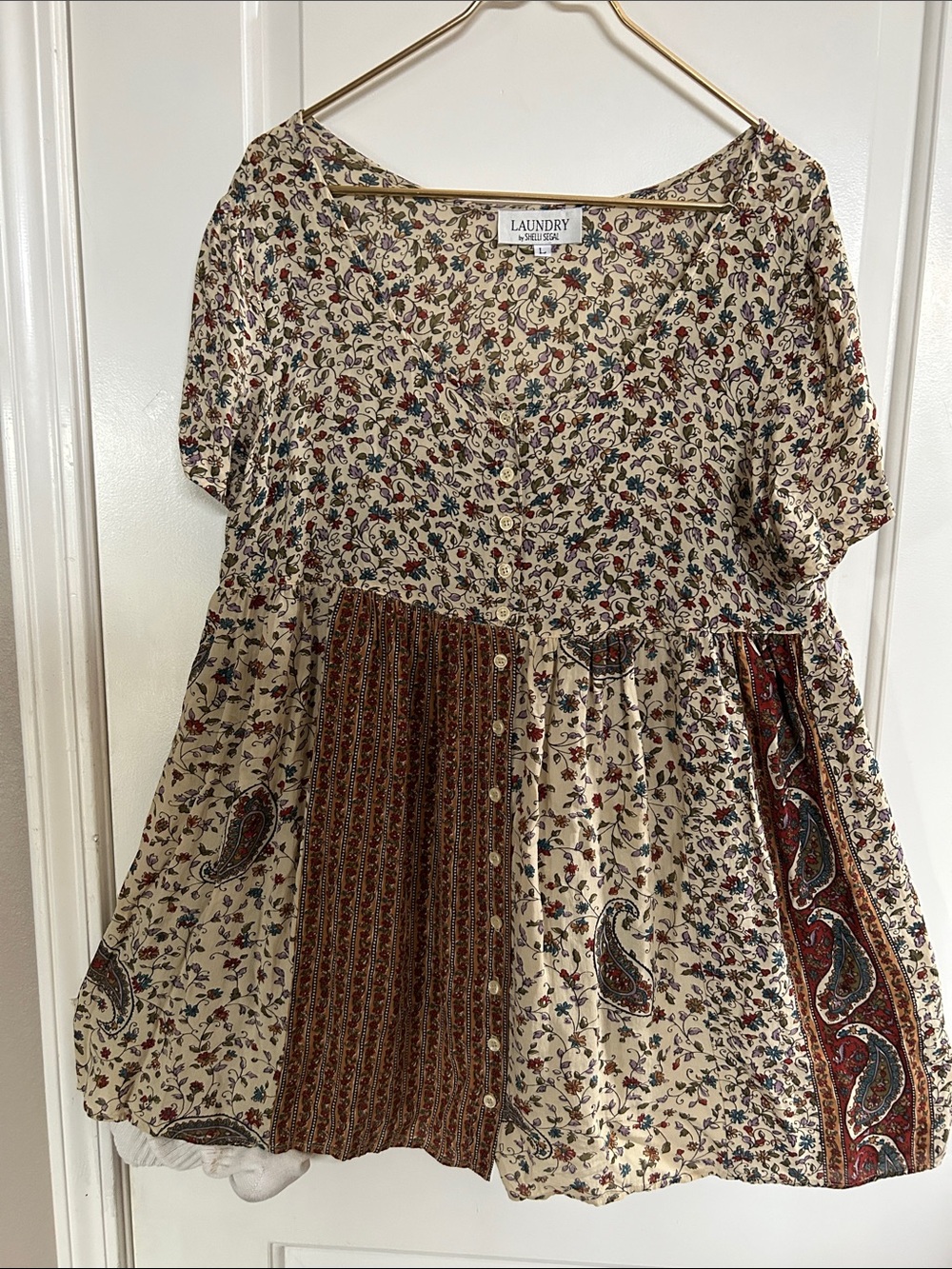 Laundry By Shelli Segal Cream Mixed Floral & Paisley Patchwork Button-down Blous - Picture 10 of 10